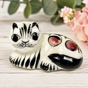 Tonala Mexico Cat Figurine Hand Painted Floral Folk Art Pottery Miniature Decor
